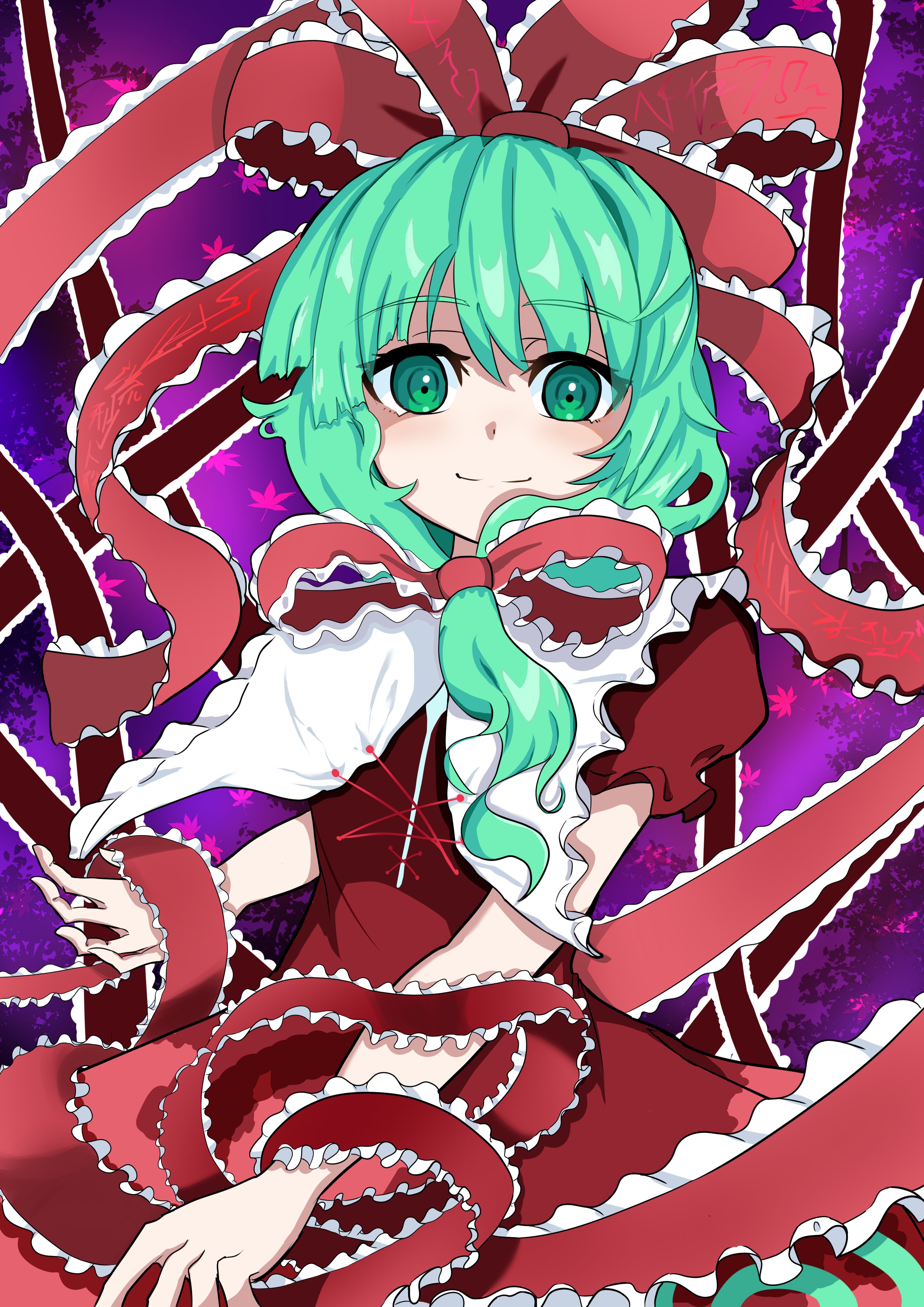 guminemi, kagiyama hina, touhou, absurdres, highres, 1girl, arm ribbon, bow, dress, front ponytail, green eyes, green hair, looking at viewer, red bow, red dress, red ribbon, ribbon, smile, solo