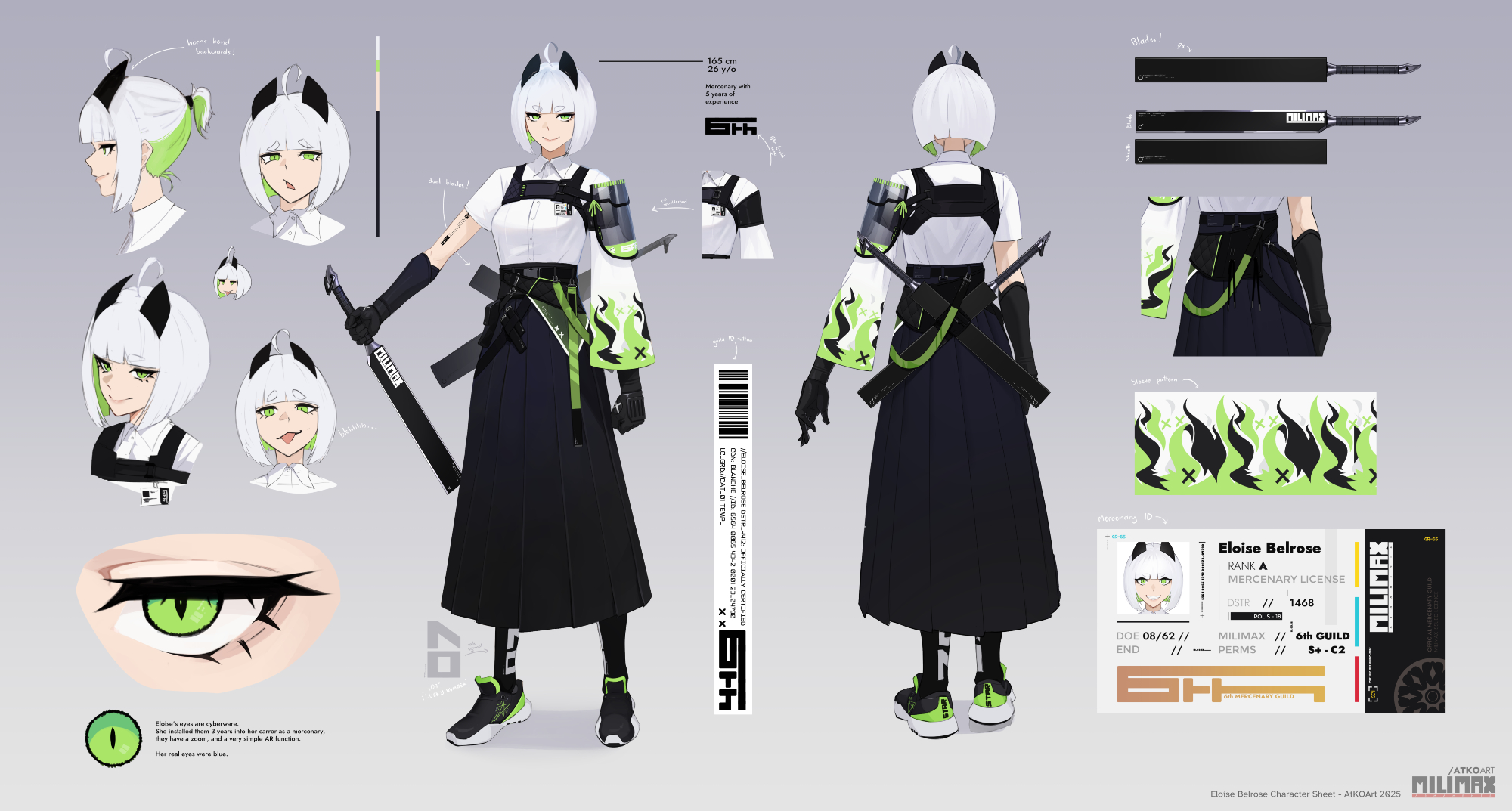 the atko, original, commentary, english commentary, highres, 1girl, :3, :d, ahoge, arrow (symbol), asymmetrical sleeves, barcode, belt, black belt, black gloves, black shoes, black skirt, blunt bangs, bob cut, breasts, character name, chest harness, closed mouth, collared shirt, colored inner hair, eloise (the atko), english text, flame print, gloves, gradient background, green belt, green eyes, grey background, harness, holding, holding sword, holding weapon, id card, long skirt, long sleeves, looking at viewer, medium breasts, multicolored hair, multiple expressions, multiple views, open mouth, pleated skirt, profile, reference sheet, sheath, sheathed, shirt, shoes, short eyebrows, short hair, short sleeves, skirt, slit pupils, smile, sneakers, standing, sword, sword on back, turnaround, variations, weapon, weapon on back, white background, white hair, white shirt, wide sleeves