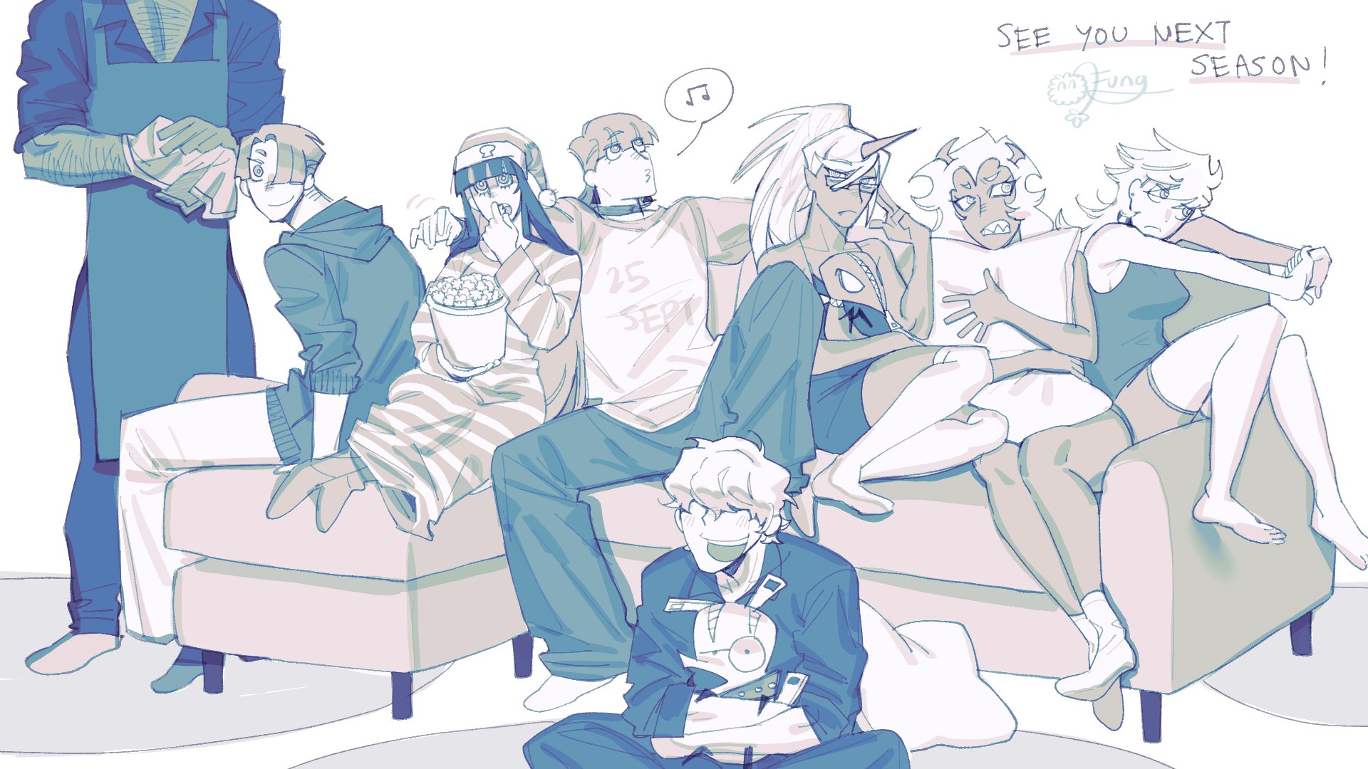 brief (psg), chuck (psg), fastener (psg), garterbelt (psg), kneesocks (psg), panty (psg), polyester (psg), polyurethane (psg), scanty (psg), stocking (psg), panty & stocking with garterbelt, highres, 4boys, 4girls, apron, arm hair, barefoot, chest hair, choker, colored skin, cousins, cracking knuckles, demon horns, english text, everyone, food, glasses, hair over eyes, hair over one eye, hat, head out of frame, horns, hugging object, klova 126, long hair, monochrome, multiple boys, multiple girls, musical note, nightcap, open mouth, pajamas, pants, pillow, pillow hug, popcorn, red skin, sharp teeth, shirt, siblings, simple background, single horn, sisters, sitting, smile, socks, spoken musical note, t-shirt, teeth, whistling, white background