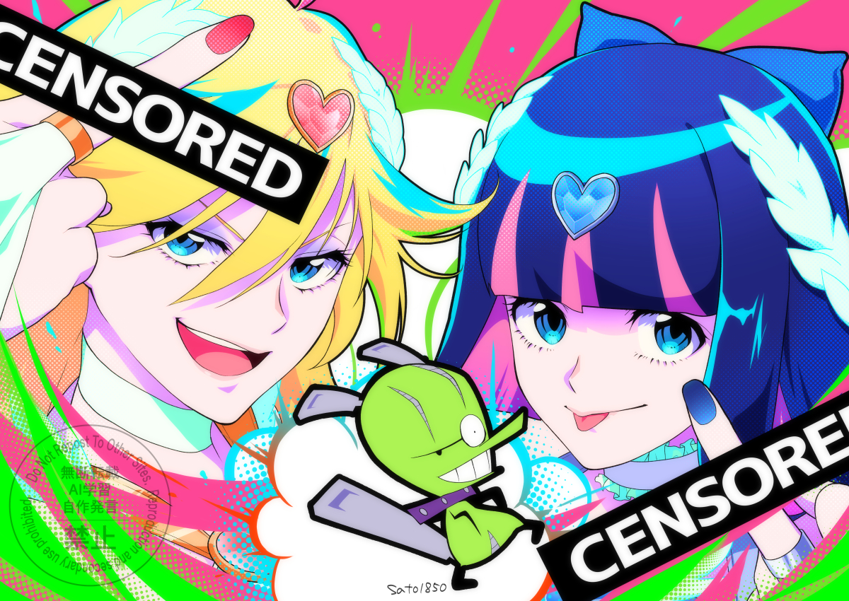 panty (psg), stocking (psg), panty & stocking with garterbelt, 2girls, blonde hair, blue eyes, blue nails, blunt bangs, looking at viewer, middle finger, multiple girls, sato1850, smile, striped hair, tongue, tongue out