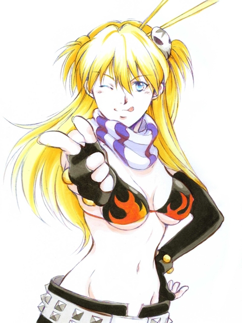 ume, ume (be my toy), souryuu asuka langley, yoko littner, neon genesis evangelion, tengen toppa gurren lagann, 1girl, belt, blonde hair, blue eyes, chopsticks, company connection, cosplay, female focus, gloves, hair ornament, hairclip, one eye closed, parody, solo, tongue, wink, yoko littner (cosplay)