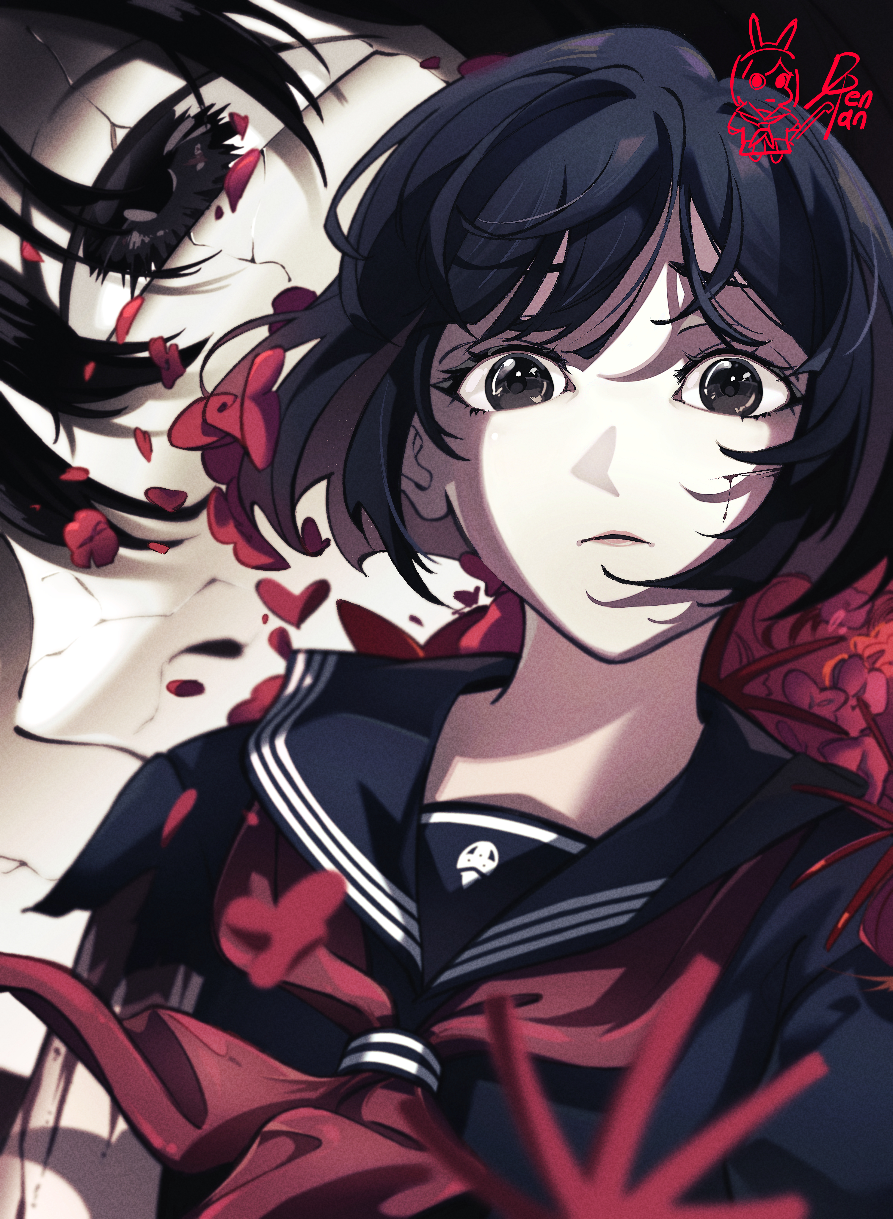 dapenpan, shimizu hinako, silent hill (series), silent hill f, absurdres, commentary, english commentary, highres, 1girl, black hair, blood on cheek, cheek injury, neckerchief, petals, red neckerchief, school uniform, serafuku, short hair
