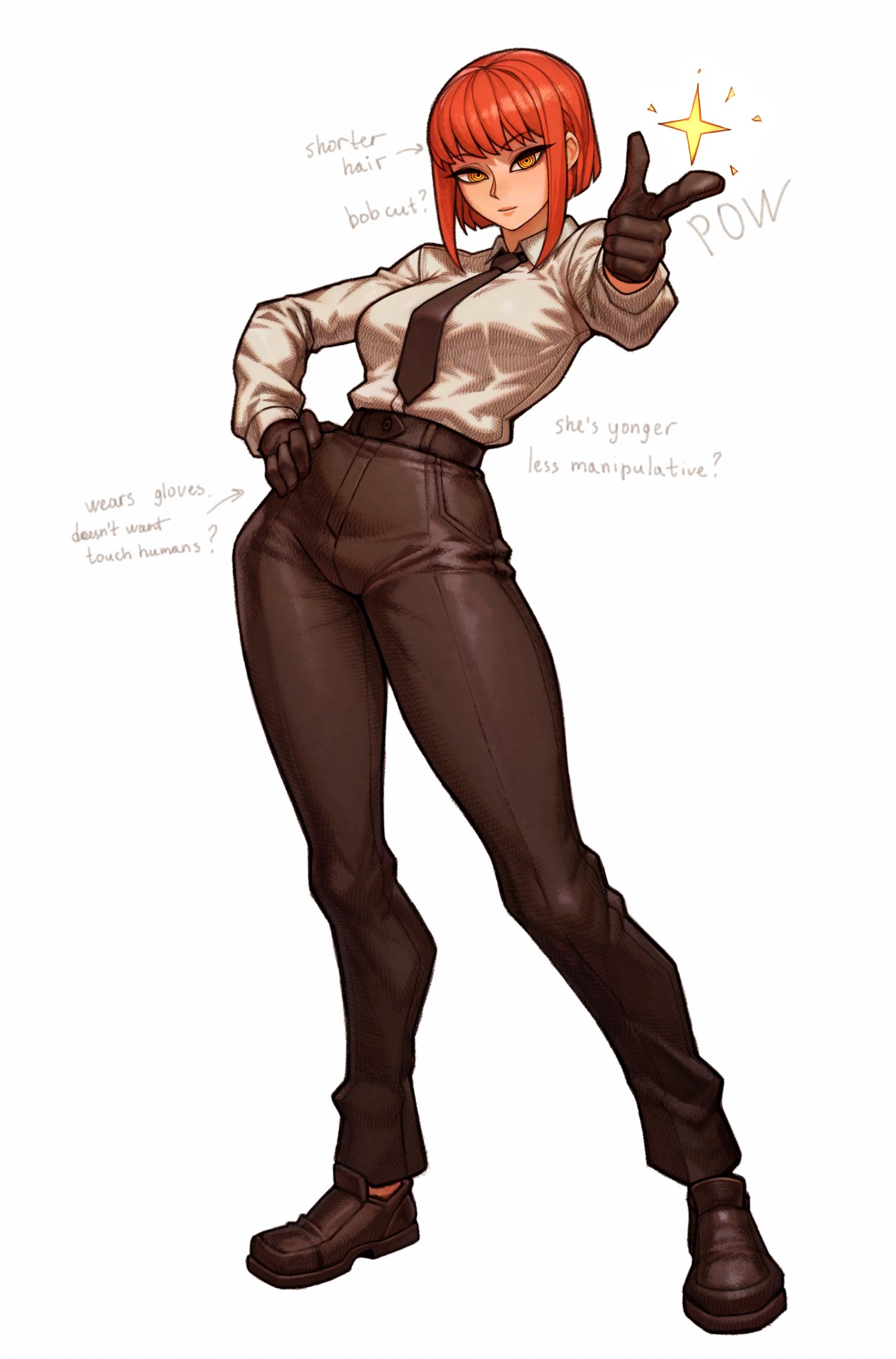 redteneri, makima (chainsaw man), chainsaw man, commentary, english commentary, highres, 1girl, alternate hair length, alternate hairstyle, belt, black belt, black gloves, black necktie, black pants, black shoes, breasts, closed mouth, collared shirt, dress shirt, english text, finger gun, gloves, long hair, looking at viewer, necktie, pants, pointing, pointing at viewer, red hair, shirt, shoes, short hair with long locks, simple background, solo, sparkle, standing, white background, white shirt, yellow eyes
