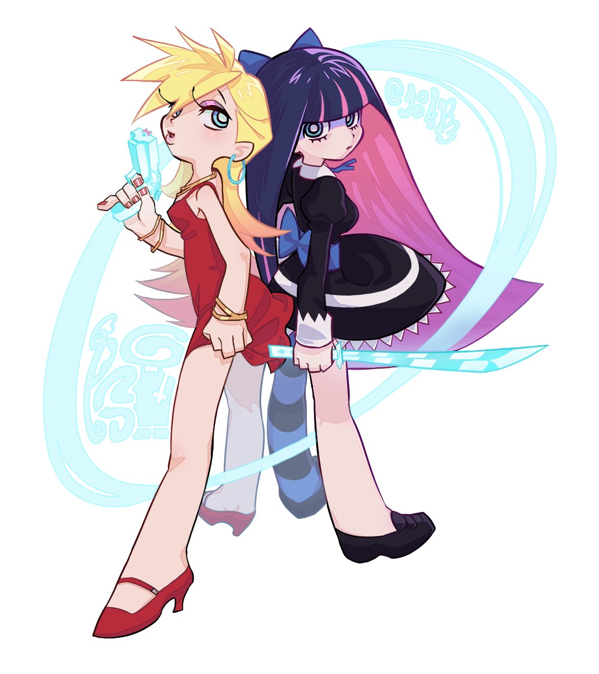 panty (psg), stocking (psg), panty & stocking with garterbelt, highres, 1004b3, 2girls, black dress, blonde hair, blue eyes, blunt bangs, bow, dress, earrings, green eyes, gun, holding, holding gun, holding sword, holding weapon, jewelry, long hair, multiple girls, purple bow, purple hair, red dress, striped clothes, striped thighhighs, sword, thighhighs, weapon, white background