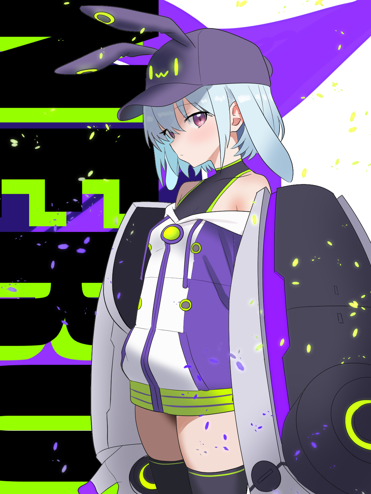shibito (shibito0000), original, highres, 1girl, animal ears, armpit crease, bare shoulders, blonde hair, bob cut, breasts, cleavage, collarbone, fake animal ears, from side, halterneck, hat, looking at viewer, mecha, off-shoulder jacket, off shoulder, purple eyes, rabbit ears, robot, short hair, sidelocks, small breasts, solo, thighhighs, thighs