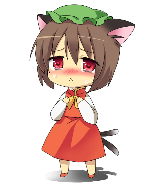 aisora, chen, touhou, 1girl, :<, animal ears, blush, brown hair, cat ears, cat girl, cat tail, chibi, female focus, full body, hat, multiple tails, red eyes, short hair, solo, tail, tears