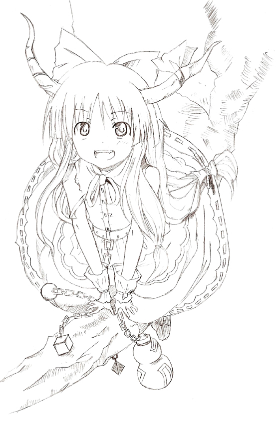 uso tsuki, ibuki suika, touhou, bad id, bad pixiv id, 1girl, chain, female focus, greyscale, horns, long hair, monochrome, nature, plant, ribbon, solo, white background