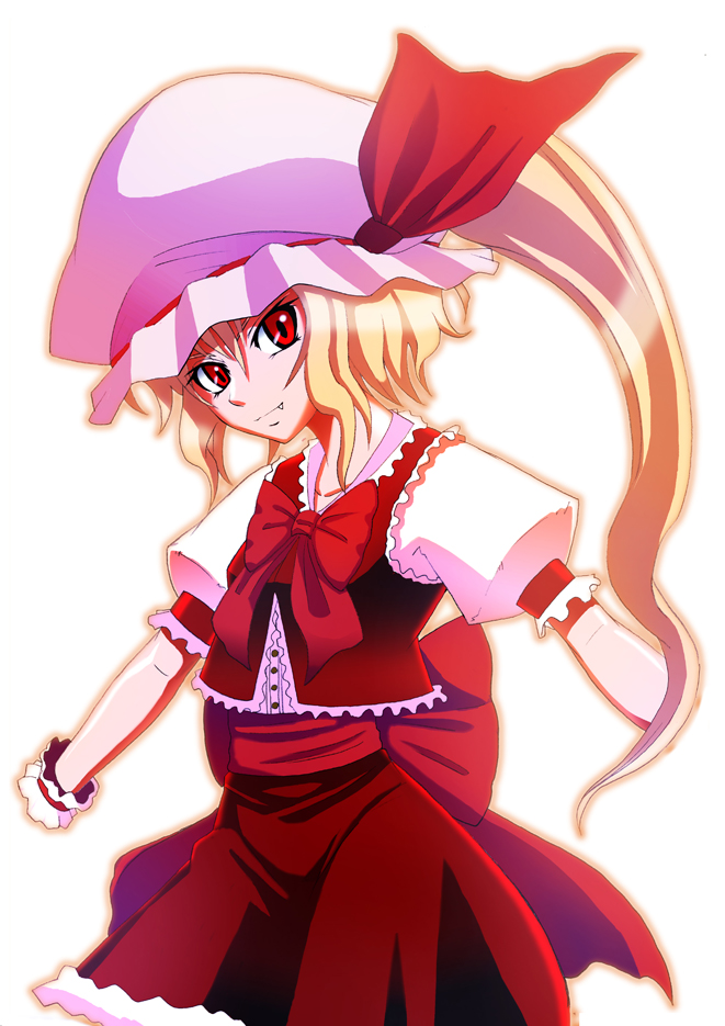 byakuya (shallwefly), flandre scarlet, touhou, 1girl, blonde hair, bow, fang, female focus, frilled vest, frills, hair between eyes, hat, hat bow, head tilt, long hair, looking at viewer, mob cap, outline, ponytail, puffy sleeves, ribbon, short sleeves, simple background, solo, vest, white background