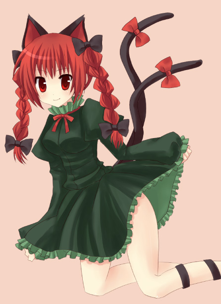 mayufu, yukishiro mafuyu, kaenbyou rin, touhou, bad id, bad pixiv id, 1girl, animal ears, braid, cat ears, cat girl, cat tail, female focus, red hair, ribbon, solo, tail, twin braids, twintails