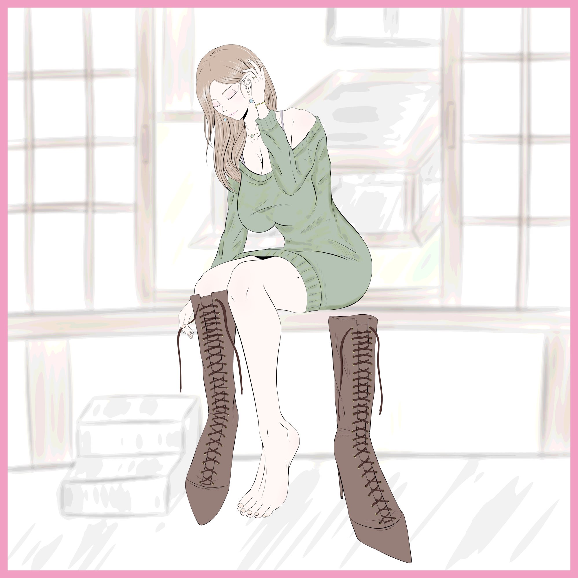 yataglass, highres, 1girl, barefoot, boots, breasts, brown hair, cleavage, closed eyes, feet, large breasts, long hair, shoes, toes, unworn boots, unworn shoes
