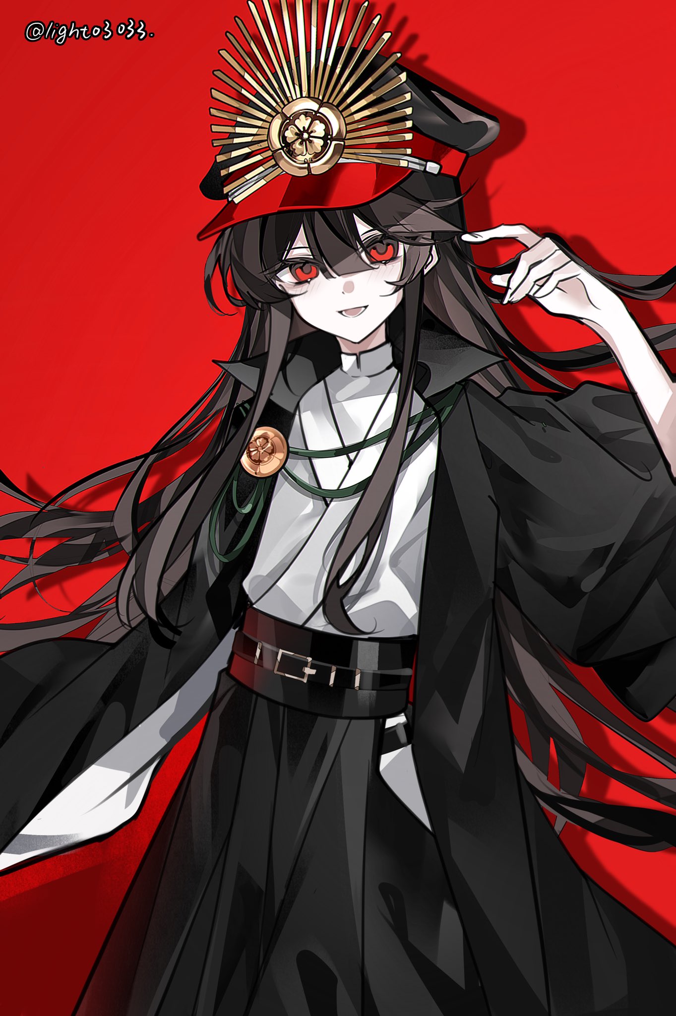 xixing chun, oda nobunaga (fate), fate/grand order, fate (series), highres, belt, black belt, black coat, black hair, coat, hat, japanese clothes, long hair, looking at viewer, open clothes, open coat, open mouth, red eyes, smile, solo, twitter username