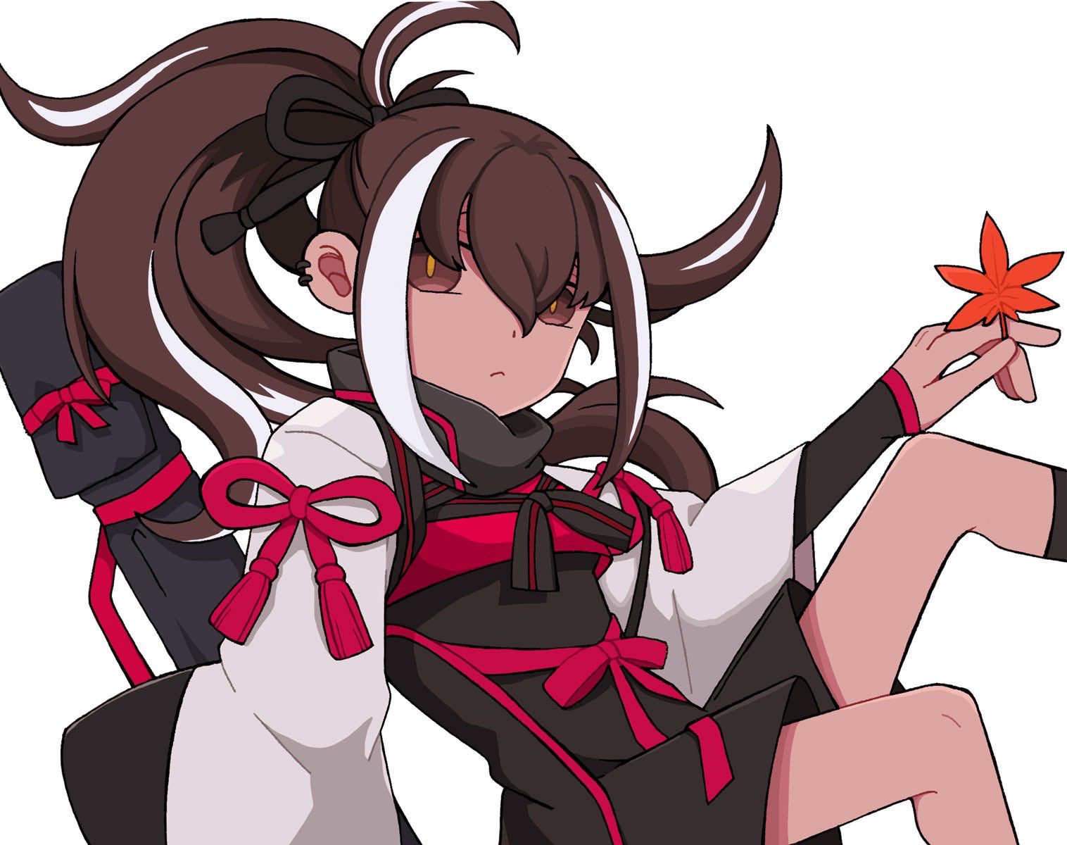 keshigomusan1, fate/grand order, fate (series), highres, 1girl, black eyes, black hair, earrings, expressionless, fingerless gloves, gloves, japanese clothes, jewelry, kawakami gensai (fate), leaf, looking at viewer, maple leaf, multicolored hair, ponytail, solo, string, sword, weapon, white hair