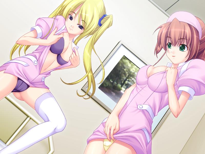 2girls, bra, breasts, cleavage, lingerie, multiple girls, nurse, panties, smile, teasing, underwear