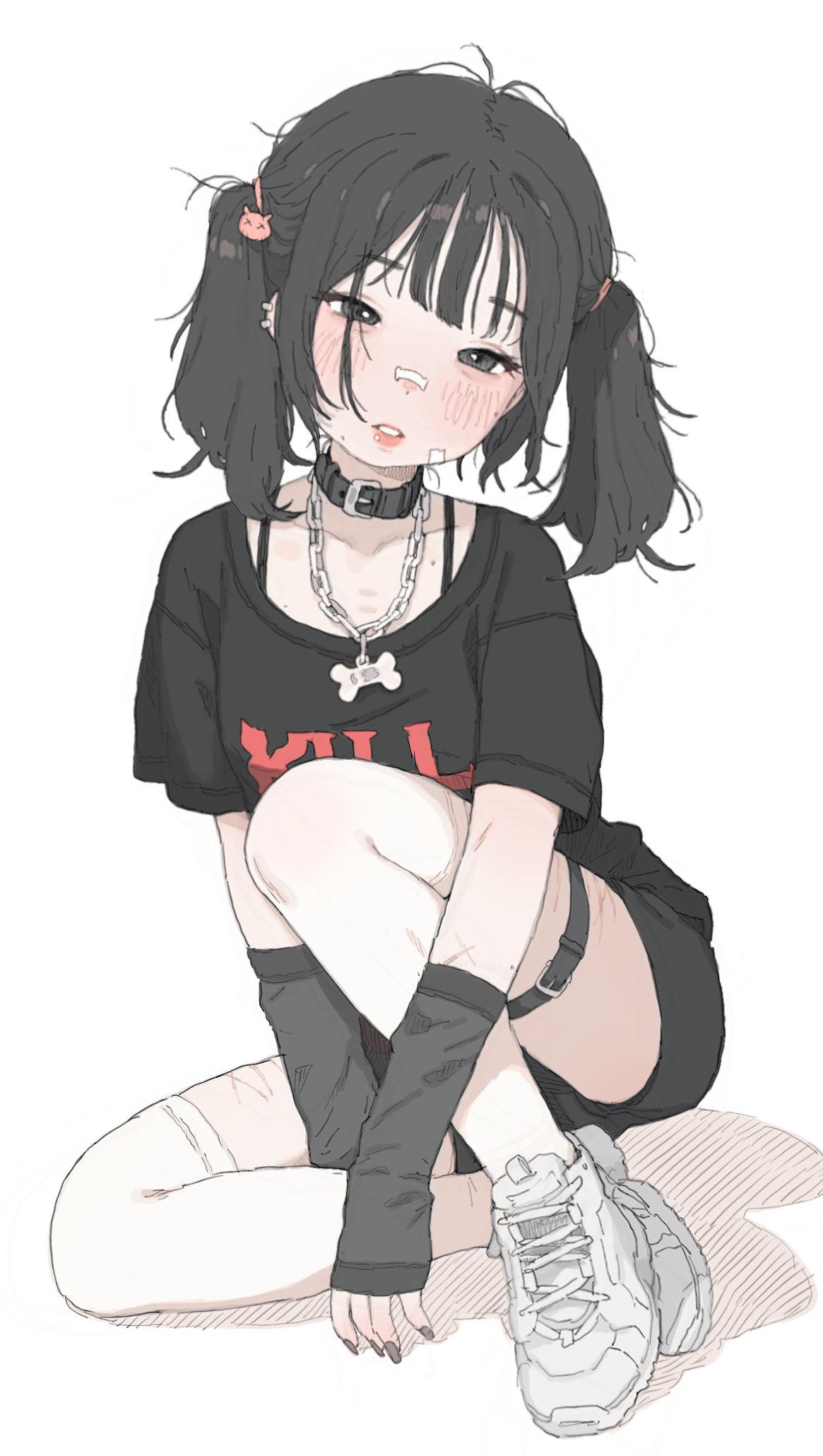 possummachine, original, highres, 1girl, bandaid, bandaid on face, bandaid on nose, black eyes, black hair, choker, face piercing, jewelry, jirai kei, lip piercing, medium hair, messy hair, mole, nail polish, necklace, piercing, scar, self-harm scar, shoes, simple background, sneakers, thighhighs, twintails, white background, white thighhighs