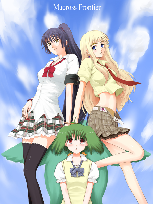 niwatori kokezou, ai-kun, ranka lee, saotome alto, sheryl nome, vajra (macross), macross, macross frontier, 00s, 3girls, ahoge, belt, black hair, blonde hair, blue hair, blush, checkered clothes, checkered skirt, day, genderswap, genderswap (mtf), green hair, long hair, long legs, midriff, multiple girls, necktie, plaid clothes, plaid skirt, red eyes, ribbon, short hair, skirt, sky, thighhighs, twintails, zettai ryouiki