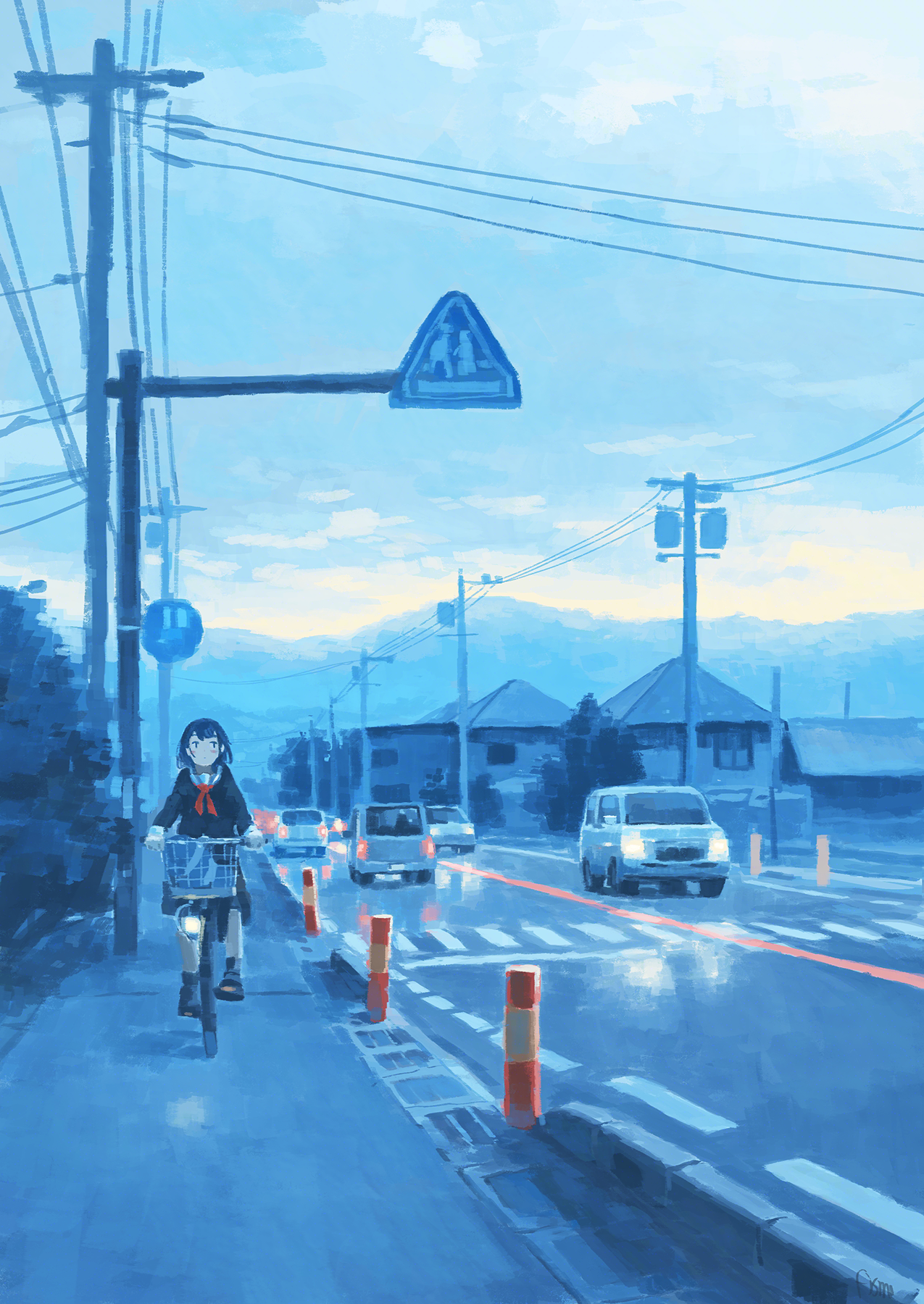 fjsmu, original, highres, 1girl, bicycle, bicycle basket, black hair, black shirt, black skirt, bollard, building, car, cool colored, crosswalk, evening, motor vehicle, neckerchief, outdoors, power lines, red neckerchief, riding, riding bicycle, road, road sign, scenery, school uniform, serafuku, shirt, short hair, sign, skirt, sky, solo, utility pole, wide shot