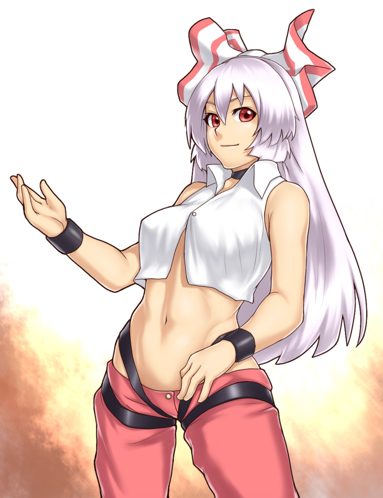 houtengeki, fujiwara no mokou, touhou, silver hair, 1girl, female focus, hou takashi ji, long hair, midriff, red eyes, ribbon, solo