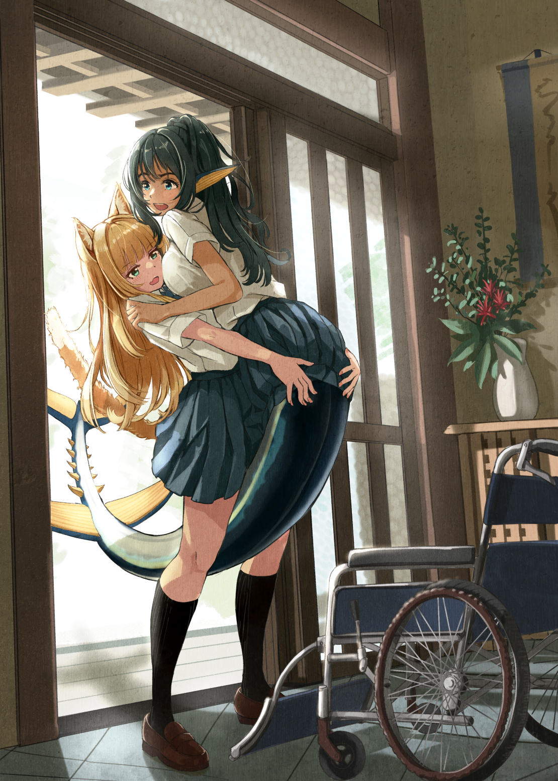 159cm, original, commentary request, highres, 2girls, animal ear fluff, animal ears, banner, black hair, black skirt, black socks, blonde hair, blue eyes, blush, breasts, brown shoes, carrying, carrying person, disability assistance, doorway, fang, fins, flower, fox ears, fox girl, fox tail, full body, green eyes, hand on another's shoulder, head fins, helping, indoors, kneehighs, large breasts, loafers, long hair, looking at another, mermaid, mermaid out of environment, miniskirt, monster girl, multiple girls, open mouth, plant, pleated skirt, potted plant, red flower, school uniform, shirt, shoes, short sleeves, skin fang, skirt, sliding doors, smile, socks, split ponytail, standing, tail, tile floor, tiles, vase, wheelchair, white shirt