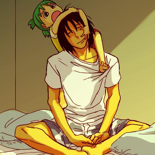 memeck, koiwai yotsuba, mr. koiwai, yotsubato!, 1boy, 1girl, barefoot, child, climbing, family, father and daughter, futon, green hair, indoors, open mouth, quad tails, short hair
