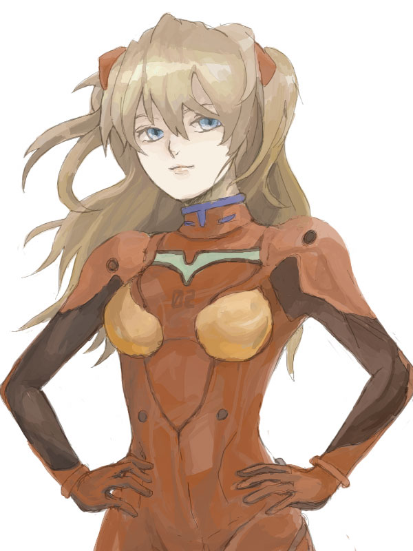 uw, souryuu asuka langley, neon genesis evangelion, pilot suit, blue eyes, brown hair, hair ornament, hairclip, mecha pilot suit, plugsuit (evangelion), solo