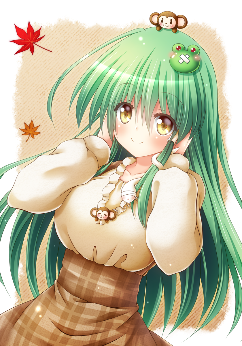 osashin (osada), kochiya sanae, touhou, commentary request, highres, 1girl, alternate costume, blush, border, breasts, brown background, brown skirt, closed mouth, frog hair ornament, green hair, hair ornament, hair tubes, hands in own hair, hands up, high-waist skirt, large breasts, leaf, long hair, long sleeves, maple leaf, monkey hair ornament, plaid clothes, plaid skirt, puffy long sleeves, puffy sleeves, single hair tube, single sidelock, skirt, smile, snake hair ornament, solo, sweater, sweater tucked in, upper body, very long hair, white border, yellow eyes, yellow sweater