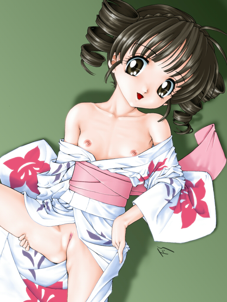 fuji shinobu, kouyama mitsuki, full moon wo sagashite, 00s, 1girl, cleft of venus, female focus, flat chest, japanese clothes, kimono, loli, lying, nipples, pussy, solo, uncensored
