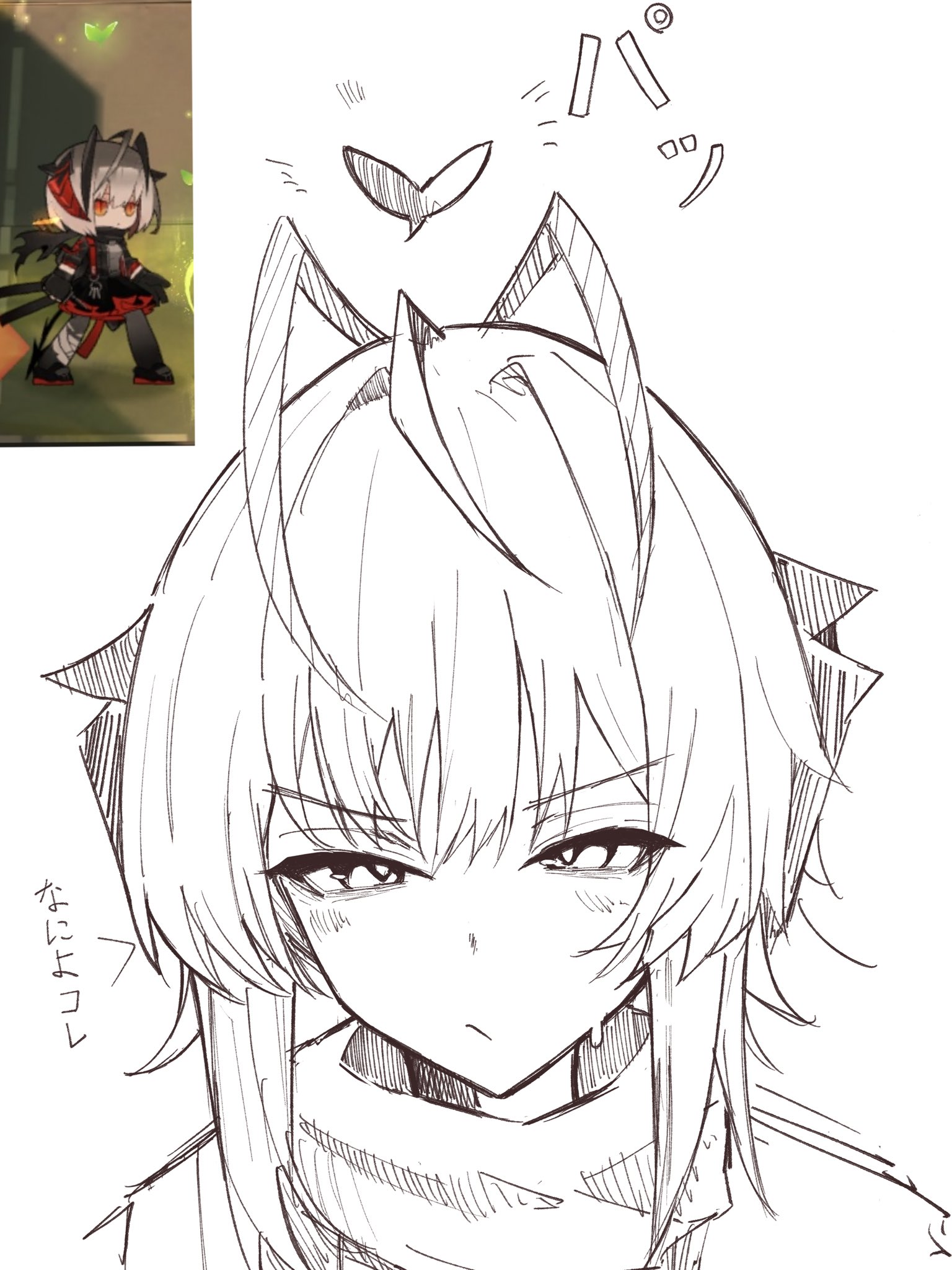 ha (huton in mach), w (arknights), arknights, commentary request, highres, 1girl, antenna hair, closed mouth, demon girl, demon horns, demon tail, full body, game screenshot inset, greyscale, horns, looking at viewer, medium hair, monochrome, sketch, tail, upper body
