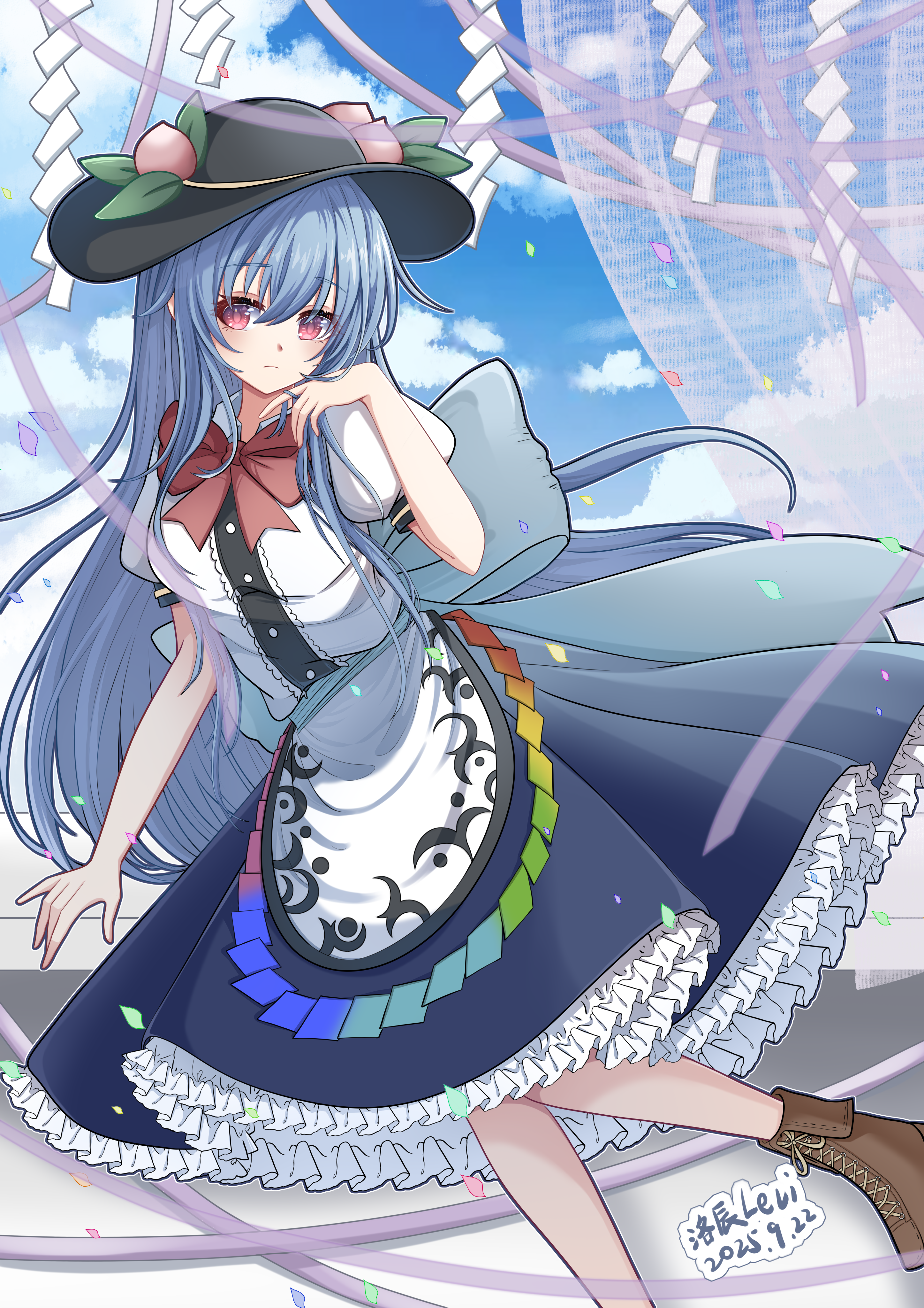 hinanawi tenshi, touhou, absurdres, highres, 1girl, apron, artist name, black hat, blue bow, blue hair, blue skirt, blue sky, boots, bow, bowtie, brown boots, buttons, center frills, cloud, cloudy sky, cropped legs, dutch angle, finger to face, frilled skirt, frills, hat, hat ornament, huge bow, lace-up boots, leaf hat ornament, levi, long hair, long skirt, peach hat ornament, puffy short sleeves, puffy sleeves, rainbow gradient rope, red bow, red bowtie, red eyes, shirt, short sleeves, skirt, sky, solo, very long hair, white apron, white shirt