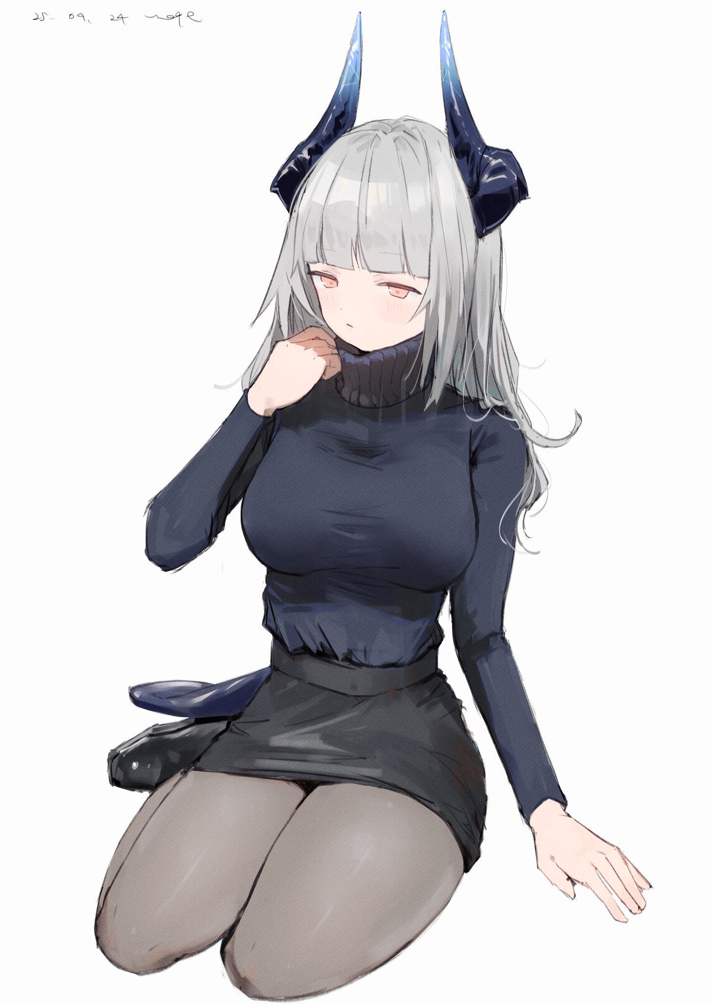 pppmepl, liskarm (arknights), arknights, highres, 1girl, alternate costume, alternate hairstyle, black shoes, black skirt, blunt bangs, blush, breasts, closed mouth, dated, dragon girl, dragon horns, dragon tail, full body, grey hair, grey pantyhose, hair down, horns, large breasts, long hair, long sleeves, looking at viewer, looking down, miniskirt, orange eyes, pantyhose, shoes, signature, simple background, sitting, skirt, solo, sweater, tail, turtleneck, turtleneck sweater, white background, white sweater, yokozuwari