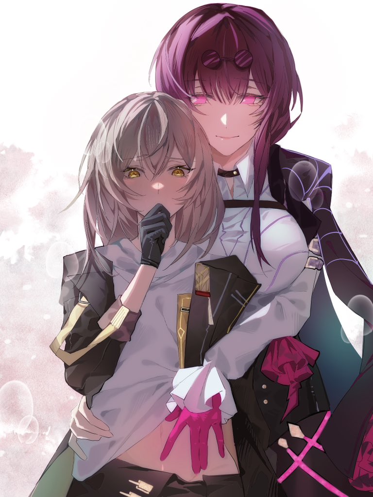 xiang cheng (mona 0225 ), kafka (honkai: star rail), stelle (honkai: star rail), trailblazer (honkai: star rail), honkai: star rail, honkai (series), commentary, english commentary, 2girls, black-framed eyewear, black choker, black gloves, black jacket, black shorts, black skirt, breasts, brown pantyhose, choker, clenched hand, closed mouth, collared shirt, covering own mouth, cowboy shot, eyewear on head, frills, gloves, grey background, grey hair, hair between eyes, hand around waist, hand on own face, hand up, high-waist shorts, jacket, lapels, large breasts, long hair, long sleeves, looking at another, looking down, multiple girls, navel, open clothes, open jacket, pantyhose, pink eyes, pink gloves, puffy long sleeves, puffy sleeves, purple hair, round eyewear, shirt, shorts, sidelocks, skirt, smile, spider web print, standing, sunglasses, t-shirt, two-tone background, white background, white shirt, yellow eyes, yuri