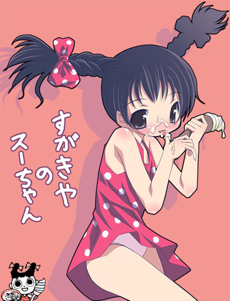 shiragi, 1girl, black eyes, black hair, blush, bow, braid, dress, female focus, food, ice cream, licking, loli, panties, pantyshot, polka dot, polka dot bow, polka dot dress, sexually suggestive, sleeveless, solo, suggestive fluid, tongue, twin braids, underwear