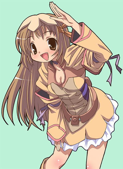 shiragi, re mii, zoids, zoids genesis, 00s, bent over, blush, brown eyes, brown hair, fang, hair ribbon, long hair, ribbon, salute, skirt, solo
