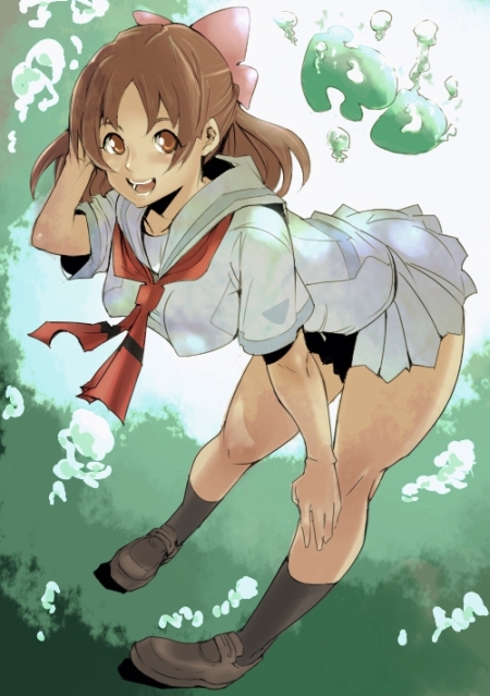 aguhari, aoi minamo, real drive, bad id, bad pixiv id, 1girl, adjusting hair, bent over, bow, breasts, brown eyes, brown hair, female focus, hanging breasts, pink bow, school uniform, serafuku, skirt, solo