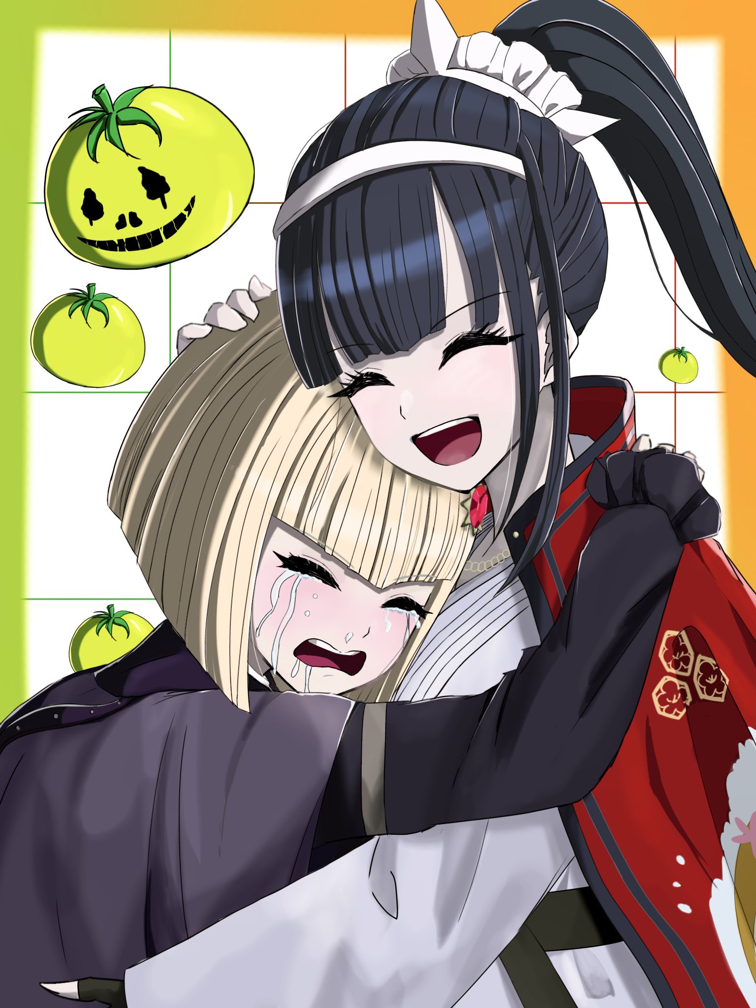 fuwan (mcueaef41z56510), magadori kyoshika, oosuzuki kurara, the hundred line -last defense academy-, commentary request, highres, 2girls, black hair, blonde hair, closed eyes, crying, hairband, height difference, hug, japanese clothes, long sleeves, multiple girls, open mouth, ponytail, short hair, smile, teeth, tomato, upper teeth only, white hairband