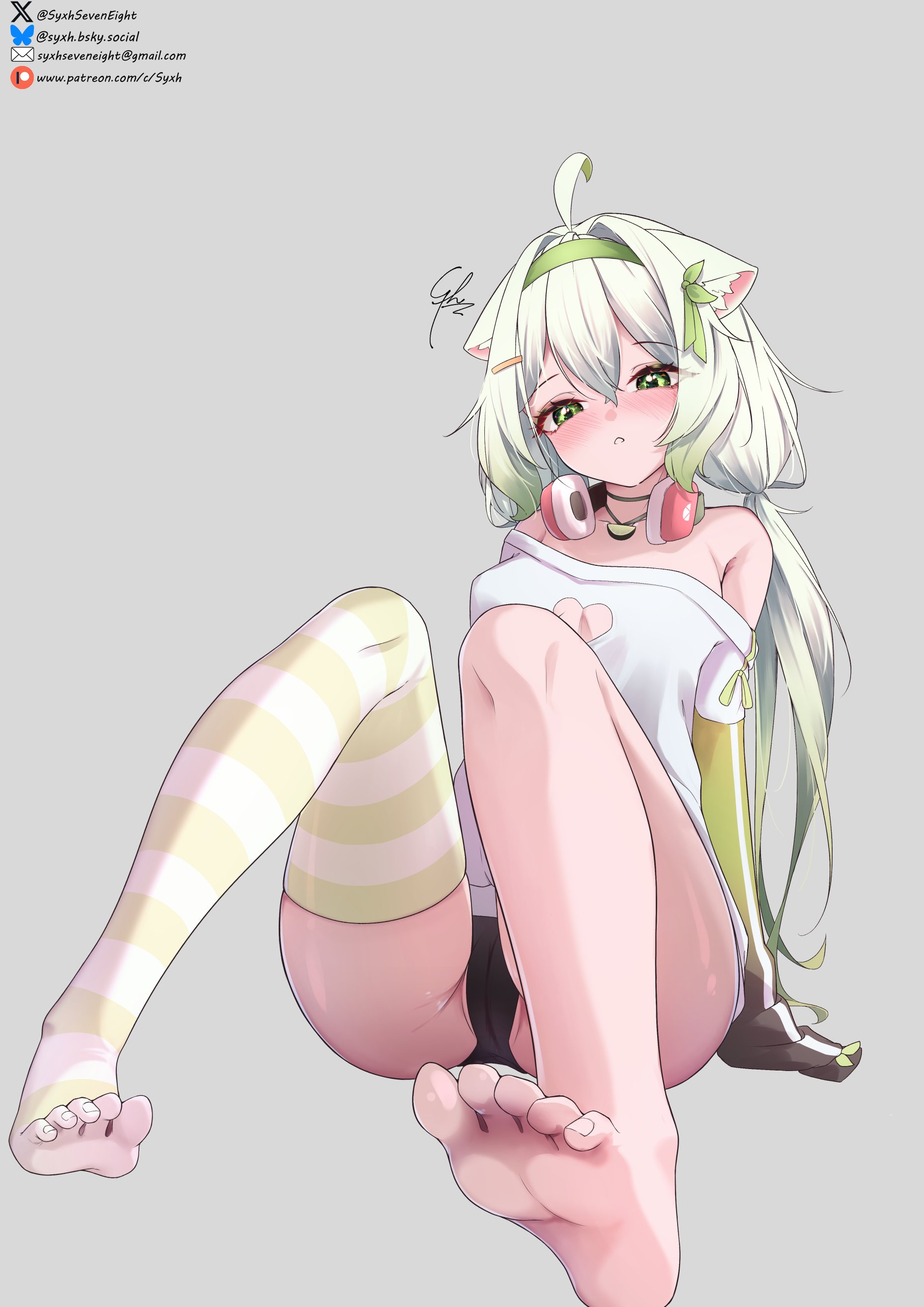 syxh, laimu (vtuber), laimu (vtuber) (cozy), vinesauce, absurdres, highres, ahoge, animal ears, asymmetrical footwear, asymmetrical legwear, bare shoulders, breasts, cameltoe, choker, feet, ferret, ferret ears, ferret girl, food, foot focus, fruit, gradient hair, green hair, green sweater, hair ornament, hairband, headphones, headphones around neck, jewelry, lime (fruit), lime slice, medium breasts, mismatched footwear, mismatched legwear, multicolored hair, necklace, no bra, no pants, panties, pussy, pussy peek, ribbon, shirt slip, single thighhigh, sleeves past fingers, sleeves past wrists, sweater, thighhighs, twintails, two-tone hair, underwear, virtual youtuber, white hair, white sweater