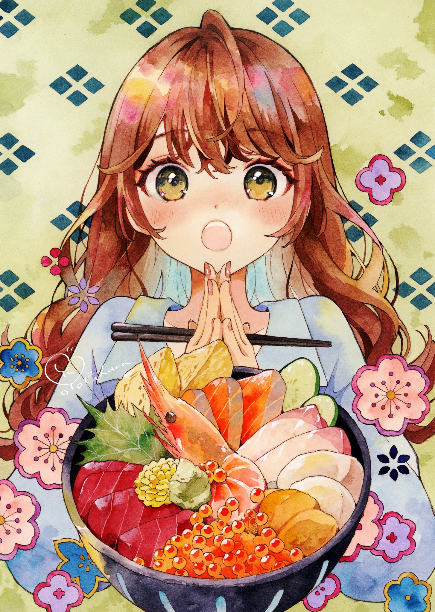 yuyuharu 1027, original, commentary request, food request, highres, painting (medium), traditional media, watercolor (medium), 1girl, blue shirt, bowl, brown hair, caviar, chopsticks, collared shirt, cropped torso, green background, green eyes, hands up, holding, holding chopsticks, light blush, long hair, long sleeves, looking at viewer, open mouth, own hands together, shirt, shrimp, solo, teeth, upper teeth only, wavy hair