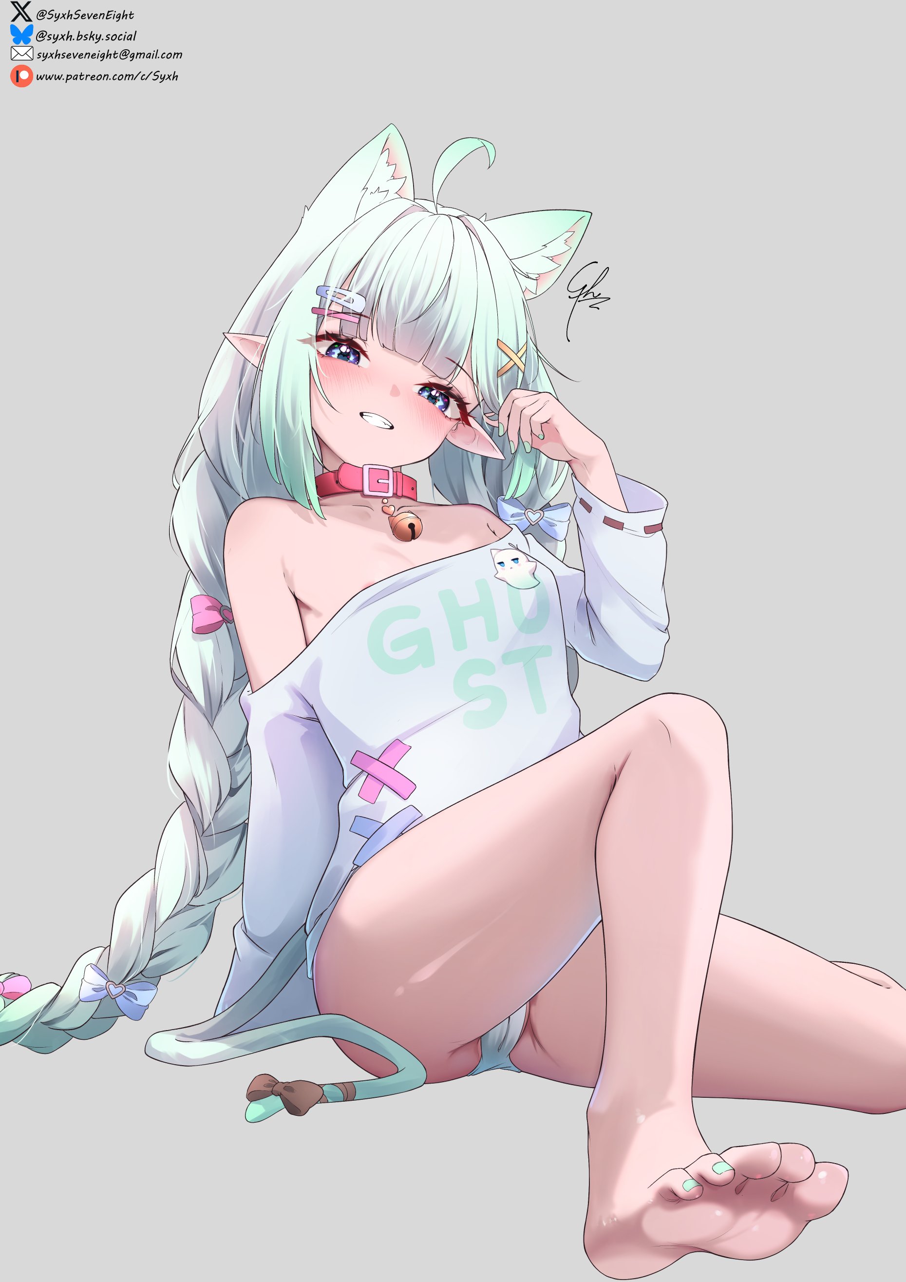 syxh, mint fantome, mint fantome (otaku), indie virtual youtuber, absurdres, highres, ahoge, animal ears, bare shoulders, bell, bow, braid, breasts, cameltoe, cat ears, cat girl, choker, collar, feet, foot focus, ghost girl, green nails, hair bow, hair ornament, hairclip, neck bell, no bra, no pants, panties, pussy, pussy peek, shirt slip, small breasts, thighs, twin braids, underwear, virtual youtuber, x hair ornament