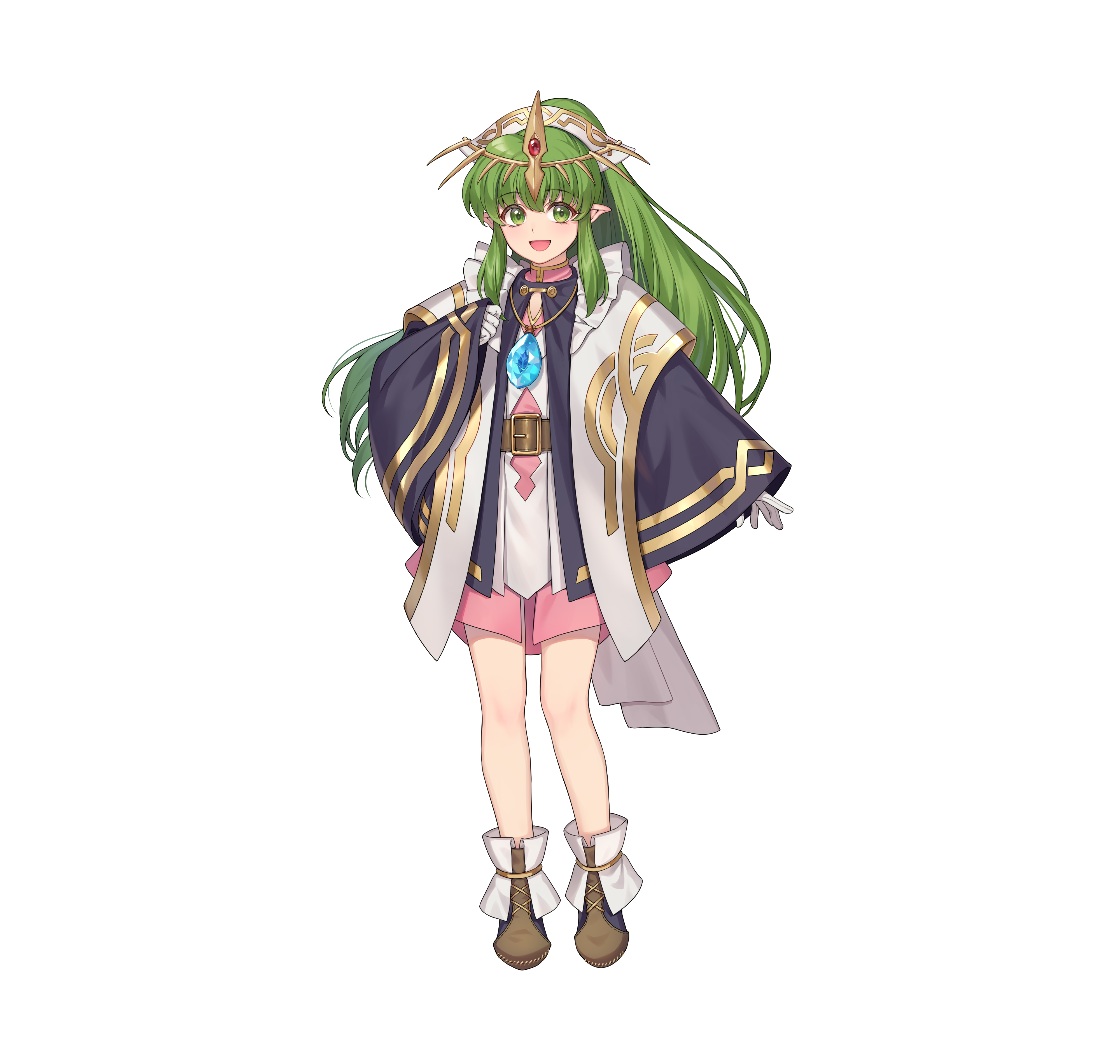 hagiwara rin, tiki (fire emblem), tiki (young) (fire emblem), tiki (young) (legendary dragon) (fire emblem), fire emblem, fire emblem: mystery of the emblem, fire emblem heroes, nintendo, absurdres, commentary, english commentary, highres, official art, second-party source, 1girl, full body, gem, green eyes, green hair, long hair, looking at viewer, pointy ears, red gemstone, sidelocks, simple background, smile, solo, tiki (young) (legendary dragon) (resplendent) (fire emblem), white background, wide sleeves