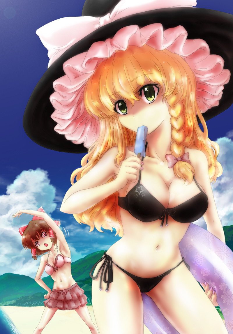 nanai, hakurei reimu, kirisame marisa, touhou, bad id, bad pixiv id, 2girls, beach, bikini, blonde hair, braid, breasts, cleavage, day, female focus, food, green eyes, hat, ice cream, innertube, medium breasts, multiple girls, popsicle, red eyes, side-tie bikini bottom, side braid, stretching, swim ring, swimsuit, witch, witch hat, yellow eyes