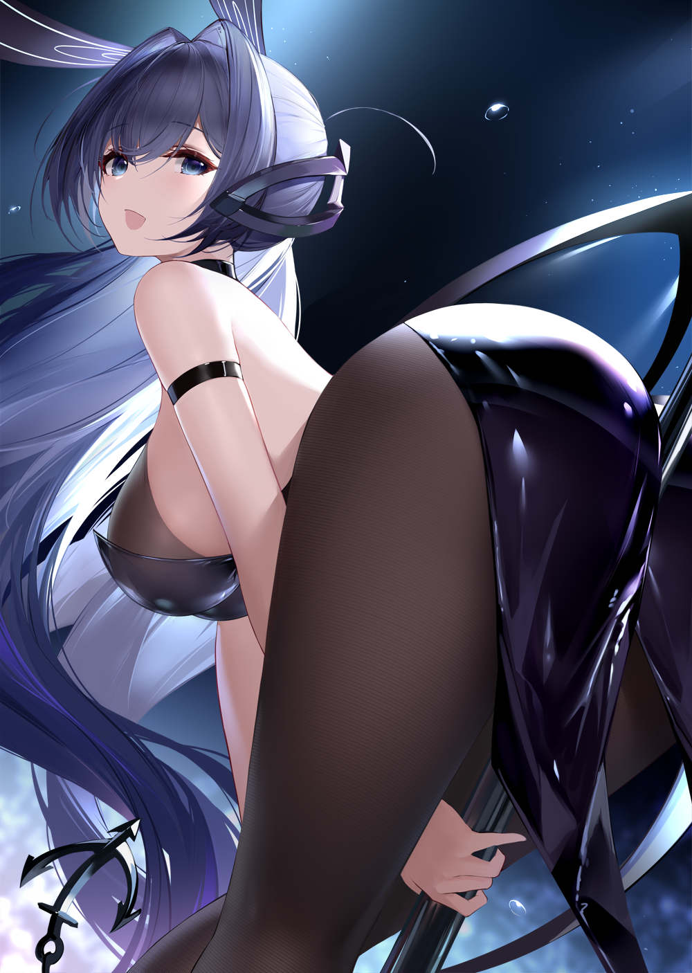 an yasuri, new jersey (azur lane), new jersey (exhilarating steps!) (azur lane), azur lane, highres, 1girl, animal ears, ass, bare shoulders, between buttocks, blue eyes, blue hair, breasts, brown pantyhose, hair intakes, large breasts, long hair, looking at viewer, official alternate costume, open mouth, pantyhose, pole, rabbit ears, stripper pole, thighs, very long hair