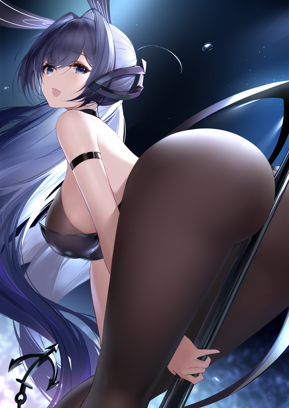 an yasuri, new jersey (azur lane), new jersey (exhilarating steps!) (azur lane), azur lane, highres, 1girl, animal ears, ass, bare shoulders, between buttocks, blue eyes, blue hair, breasts, brown pantyhose, hair intakes, large breasts, long hair, looking at viewer, official alternate costume, open mouth, pantyhose, pole, rabbit ears, stripper pole, thighs, very long hair