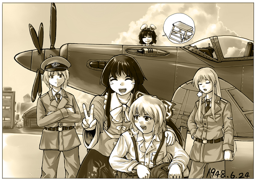 miyako (ta183), spitfire, fujiwara no mokou, houraisan kaguya, inaba tewi, kamishirasawa keine, supermarine seafire, supermarine spitfire, yagokoro eirin, touhou, commentary, 5girls, aircraft, airplane, animal ears, black hair, blush, blush stickers, bow, contra-rotating propellers, female focus, hat, long hair, military, military uniform, monochrome, multiple girls, peaked cap, rabbit ears, ribbon, seafire, sepia, short hair, sigh, smile, suspenders, v, white hair