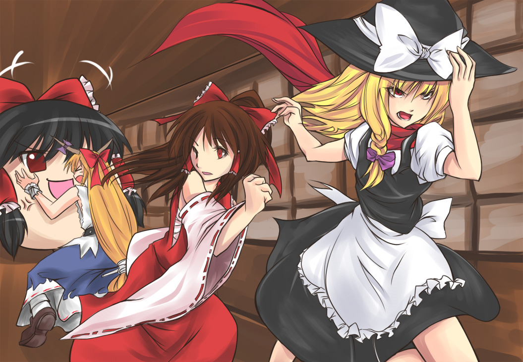 jiete, hakurei reimu, ibuki suika, kirisame marisa, touhou, 3girls, anger vein, angry, black hair, blonde hair, female focus, fleeing, hat, horns, long hair, looking back, multiple girls, orange hair, red eyes, ribbon, running, short hair, shouji, sliding doors, yukkuri shiteitte ne