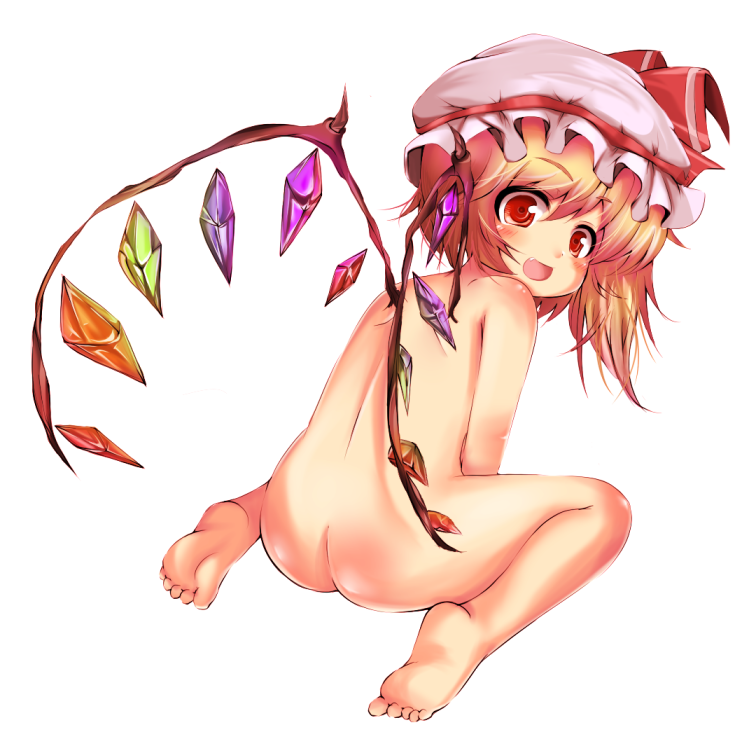 rihhi, flandre scarlet, embodiment of scarlet devil, touhou, bad id, bad pixiv id, source request, 1girl, ass, back, barefoot, blush, brown hair, crystal, fang, feet, female focus, from behind, full body, happy, hat, kneeling, loli, looking at viewer, looking back, mob cap, nude, open mouth, red eyes, ribbon, simple background, sitting, solo, wariza, white background, wings