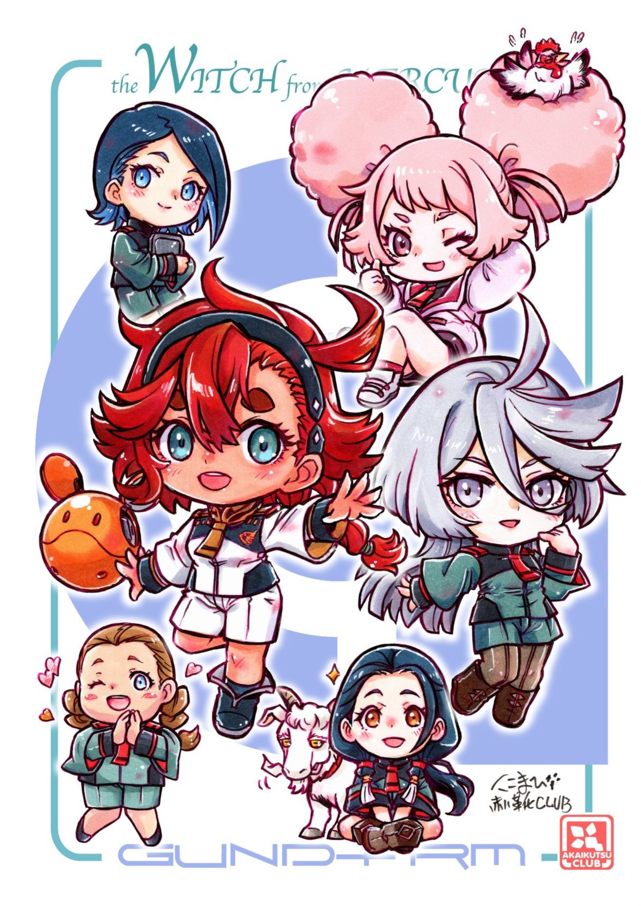 kokomahi, aliya mahvash, chuatury panlunch, haro, lilique kadoka lipati, miorine rembran, nika nanaura, suletta mercury, gundam, gundam suisei no majo, commentary request, highres, 6+girls, afro puffs, animal, animal on head, arm behind head, arm up, artist name, asticassia school uniform, bird, bird on head, black boots, black hair, black hairband, black shoes, black socks, boots, brown boots, brown hair, chibi, chibi only, chicken, circle name, closed mouth, copyright name, flying sweatdrops, goat, green jacket, green shorts, grey eyes, hair between eyes, hairband, hand up, heart, holding, holding tablet pc, indian style, jacket, long hair, long sleeves, looking at viewer, medium hair, multiple girls, non-humanoid robot, on head, one eye closed, open mouth, orange eyes, own hands together, pantyhose, pink eyes, pink hair, pink jacket, ponytail, red hair, red socks, robot, school uniform, shoes, short hair, shorts, shoulder boards, sitting, sleeves past wrists, smile, socks, sparkle, standing, standing on one leg, tablet pc, teeth, thick eyebrows, thumbs up, upper teeth only, white hair, white jacket, white shoes, yellow eyes