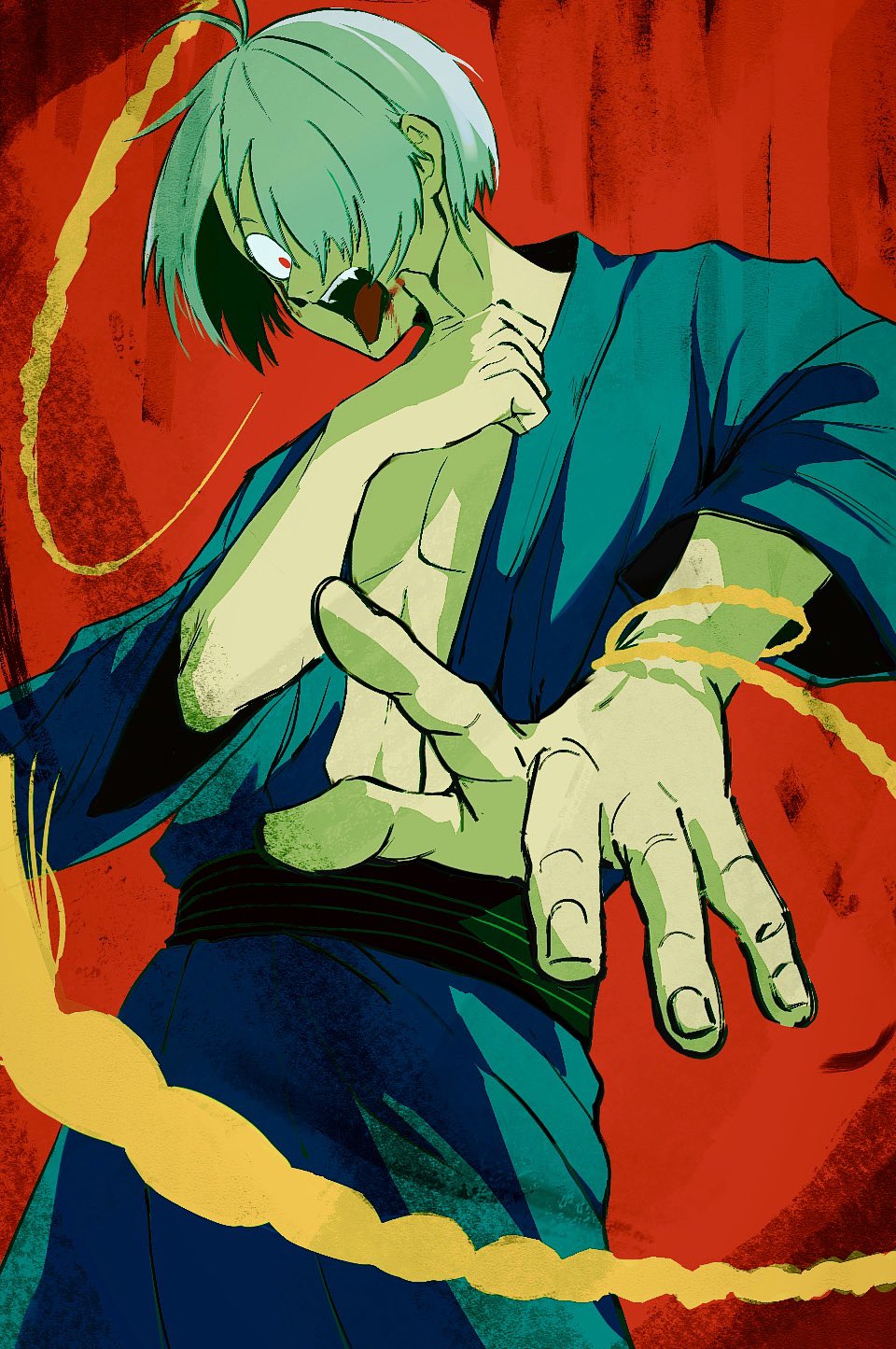 medama oyaji (human), gegege no kitarou, kitarou tanjou: gegege no nazo, highres, blood, blood on face, blue kimono, grey hair, hair over one eye, japanese clothes, kimono, male focus, open mouth, red background, red eyes, short hair, solo, string, teeth, tongue, tongue out, upper body, upper teeth only, very short hair, vivionlyart