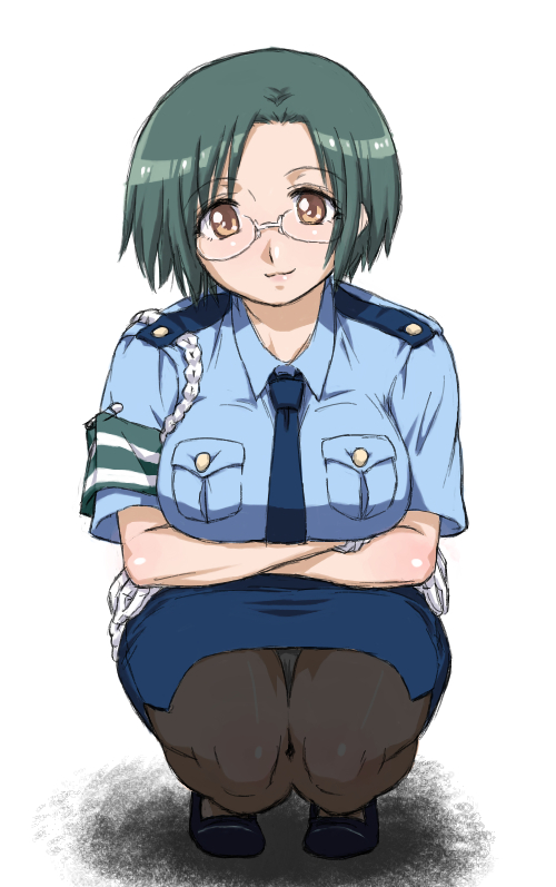 hisakawa riho, hishagawariho, narumi yui, lucky star, breast hold, bad id, bad pixiv id, 00s, 1girl, breasts, brown eyes, crossed arms, female focus, glasses, gloves, green hair, kneeling, large breasts, necktie, panties, panties under pantyhose, pantyhose, pantyshot, pencil skirt, police, police uniform, policewoman, short hair, skirt, smile, solo, squatting, underwear, upskirt, white gloves