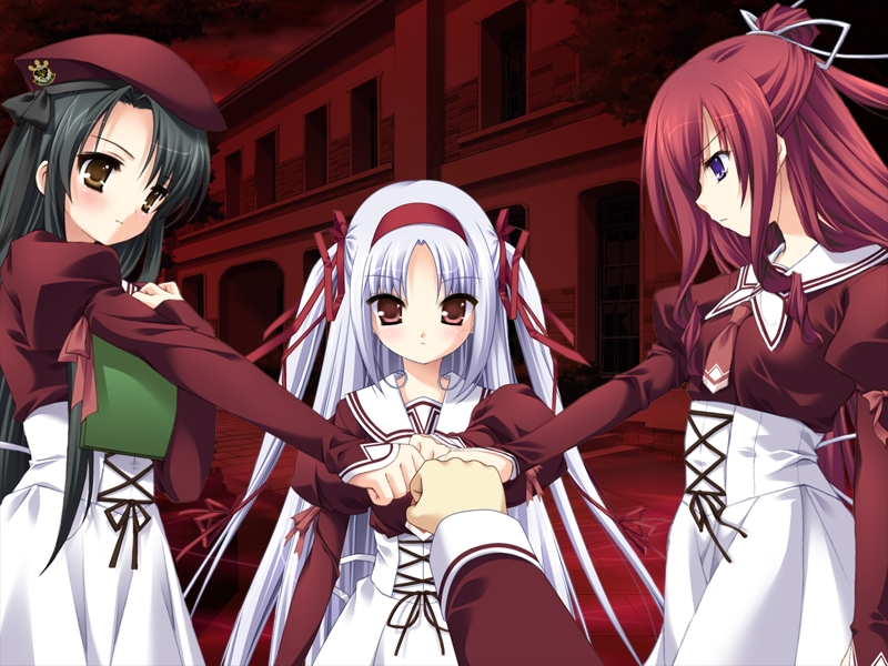 hirohara yukiko, kusakabe misuzu, minase yuka, momono shiori, momose shiori, tachibana kukuri, 11eyes, 5pb., silver hair, game cg, 00s, 3girls, apron, beret, dress, hairband, hat, holding hands, long sleeves, looking at viewer, multiple girls, pov, red dress, school uniform, serafuku, waist apron