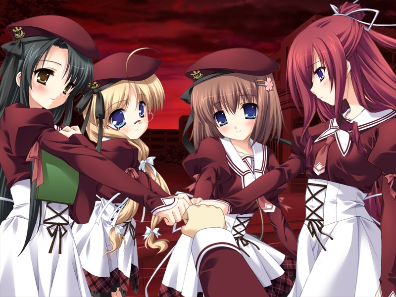 hirohara yukiko, kusakabe misuzu, minase yuka, tachibana kukuri, 11eyes, 5pb., game cg, 00s, 4girls, hat, multiple girls, school uniform, serafuku