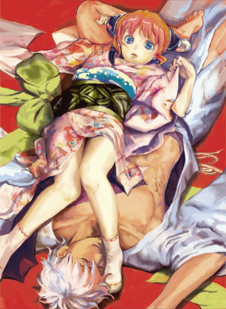 tarareba, tarareba (artist), kagura (gintama), sakata gintoki, gintama, white legwear, 00s, 1boy, 1girl, japanese clothes, kimono, knees together feet apart, lying, red background, sleeping, socks